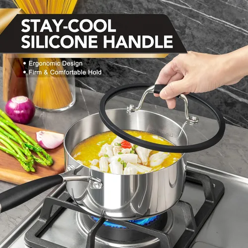 Vista 5 de MICHELANGELO Juego de cacerolas de acero inoxidable triple con tapa colador, olla de salsa resistente con tapa, olla de salsa multiusos compatible