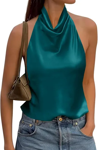 Vista 10 de Cicy Bell Camiseta de satén con cuello halter para mujer, sin espalda, Y2K Amarillo