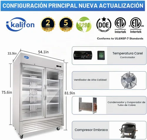 Vista 3 de Refrigerador de bebidas, refrigerador de bebidas de 49 pies cúbicos con puerta de vidrio, refrigerador comercial con 8 estantes ajustables