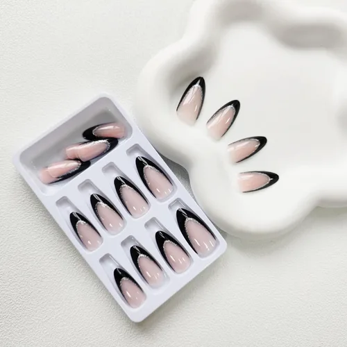 Vista 5 de Uñas postizas a presión con punta francesa, uñas postizas de almendra, cobertura completa, uñas artificiales brillantes, uñas acrílicas medianas