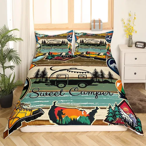 Vista 3 de Erosebridal Juego de funda de edredón de cabaña de cabaña, ropa de cama individual para niños, funda de edredón de campamento feliz, ropa de cama