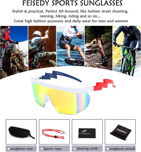 Vista 7 de FEISEDY Gafas de sol deportivas de los años 80 con escudo de espejo de gran tamaño gafas de esquí con parte superior plana visera futurista