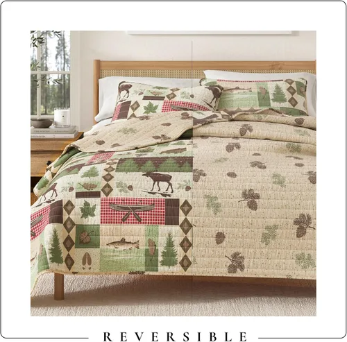 Vista 5 de Great Bay Home - Juego de 3 piezas de colcha reversible de estilo rústico de cabaña con 2 fundas decorativas de almohada, para todas las estaciones