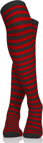 Vista 6 de Skeleteen Calcetines negros y rojos, por encima de la rodilla, a rayas, muslo alto, accesorios para disfraz, medias para hombres, mujeres y niños