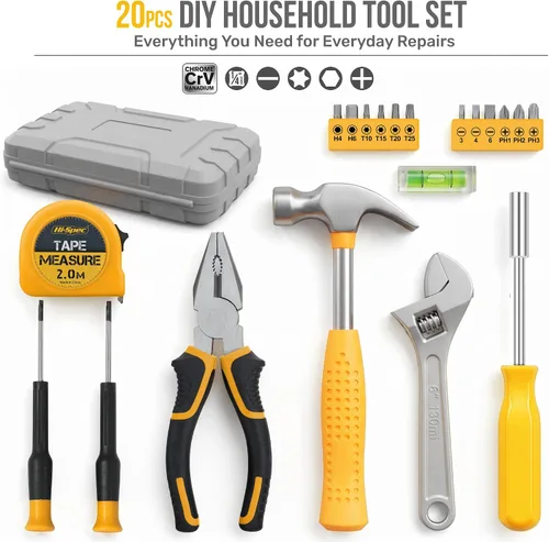 Vista 3 de Hi-Spec Kit de herramientas amarillo 20pc. Kit de herramientas pequeño para reparaciones de bricolaje en el hogar y la oficina. Herramientas