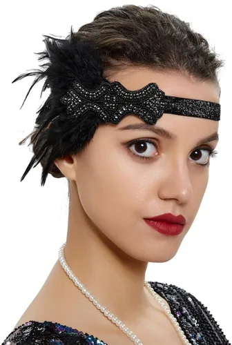 Vista 15 de Roaring 20s Great Gatsby - Diadema estilo flapper para mujer, estilo Art Deco de los años 20, con plumas A azul
