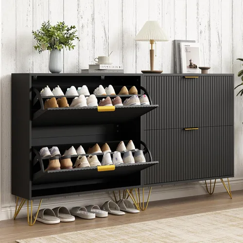 Vista 3 de Cómoda para zapatos con 2 cajones abatibles, cómodas de almacenamiento para zapatos estilizadas en negro, armario oculto para zapatos para entrada