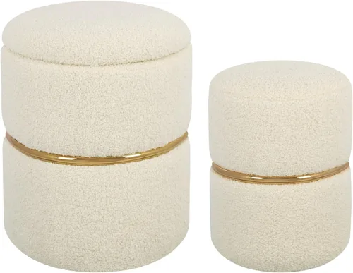 Vista 3 de Juego de 2 otomanas redondas, otomanas tapizadas de piel sintética Sherpa de almacenamiento, silla reposapiés para sala de estar, dormitorio