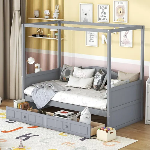 Vista 17 de Polibi Sofá cama extensible, sofá cama de madera con nido y dos cajones, sofá cama convertible con 2 cajones de almacenamiento, se puede ampliar