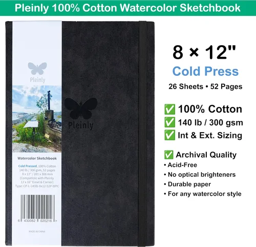 Vista 2 de Pleinly Cuaderno de bocetos de acuarela 100% algodón, prensa en frío, 8 x 12 pulgadas, grande, 140 libras (10.58 oz/m²), 26 hojas de retrato, papel