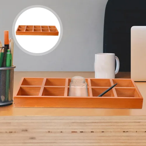 Vista 6 de Organizador dividido de madera, bandeja de clasificación de madera, pantalla de rejilla, bandeja rectangular de madera dividida con 10 secciones