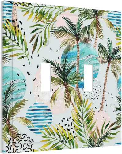 Vista 37 de Cubierta de interruptor de luz de una pandilla de hojas de palma tropicales de estilo bohemio abstracto, árbol de coco, verano, sin dispositivo