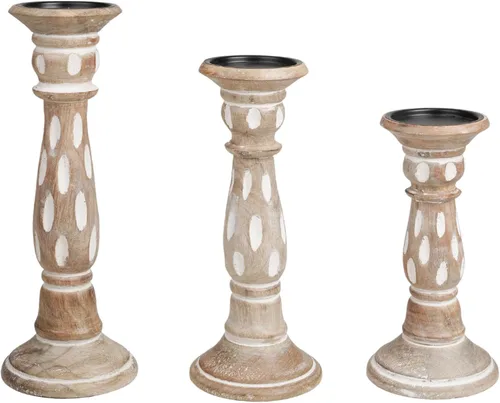 Vista 20 de Juego de 3 candelabros de pilar de madera de granja - Portavelas altos rústicos hechos a mano para decoración del hogar, centros de mesa, bodas