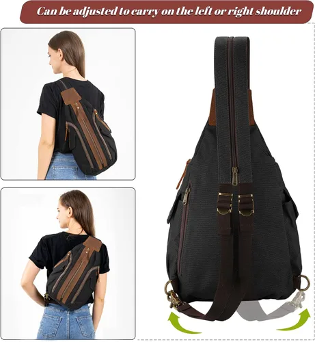 Vista 2 de Jannloe Bolso bandolera de lona, mochila cruzada pequeña para mujeres y hombres, mochila casual de hombro al aire libre, mochila de senderismo