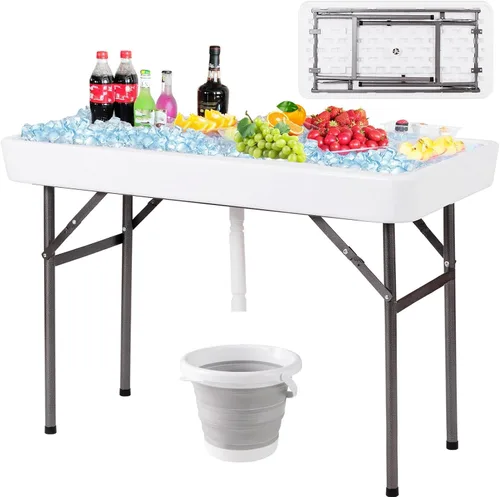 Vista 12 de Giantex Mesa enfriadora de hielo plegable, mesa de barra fría para exteriores de 46 pulgadas con drenaje, cubo plegable y falda extraíble a juego