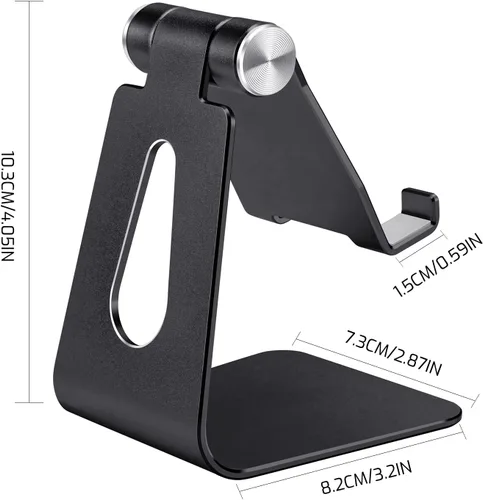 Vista 2 de Soporte plegable negro para teléfono celular de aleación de aluminio, soporte de teléfono de metal de mesa con ángulo ajustable por eje giratorio