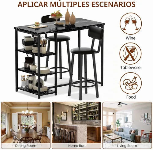Vista 9 de DKLGG Juego de mesa de comedor para 2, mesa de pub de altura de mostrador con 2 taburetes de bar de PU de respaldo ancho y 3 estantes de Negro