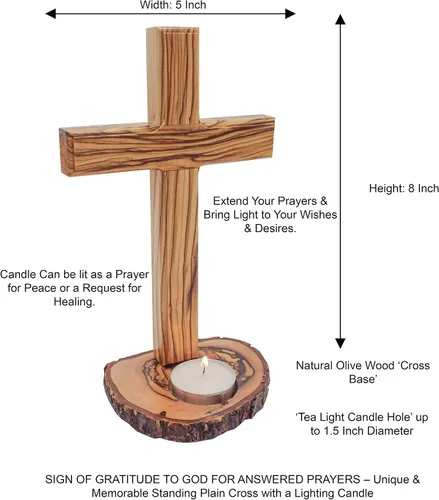 Vista 2 de Mesa de madera de olivo con cruz (8 pulgadas), cruz lisa de madera con base de portavelas