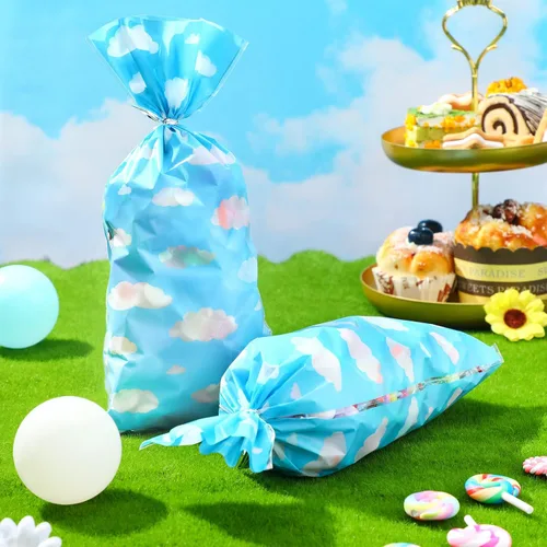 Vista 3 de Outus 100 bolsas de regalo para fiesta de juguete, cielo azul, nubes blancas, bolsas de regalo de cielo azul con lazos giratorios para niños