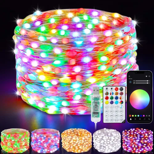 Vista 10 de Luces de Hadas Inteligentes Paquete de 2 Total 66 Pies 200 Luces LED de Cadena Parpadeantes con Control Remoto y APP, Luces de Árbol de Navidad USB