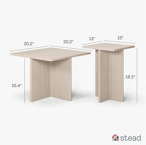 Vista 9 de Stead Juego de mesa auxiliar cuadrada anidable, mesa central con base de roble acanalado para sala de estar, juego de conjunto de chapa de grano