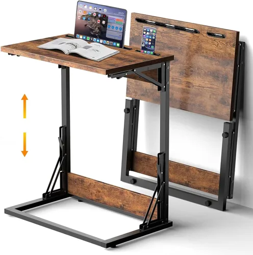 Vista 13 de Mesa plegable para TV, mesa de cena de TV, bandejas de TV de altura ajustable para comer en el sofá, mesa auxiliar en forma de C con ranuras