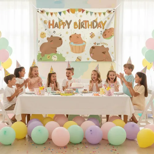 Vista 2 de Capybara - Telón de fondo de cumpleaños de 6 x 3.6 pies – Cartel grande de poliéster divertido para decoración de fiesta con ojales de metal y cinta