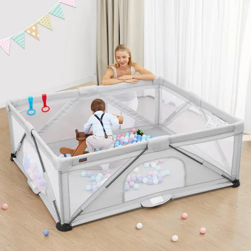 Vista 9 de Yobear - Corralito plegable para bebés y niños pequeños con 50 pelotas oceánicas y 2 asas, área de juego de seguridad para niños en interiores