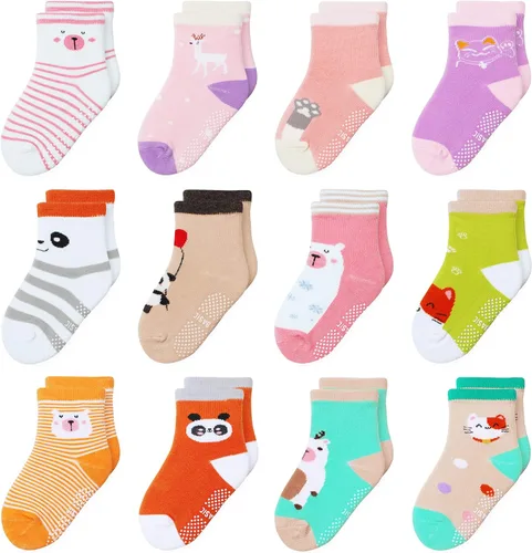 Vista 20 de 12 paquetes de calcetines antideslizantes para niños y bebés con agarre para niños de 1-7 años, calcetines de algodón de tripa para niños y niñas