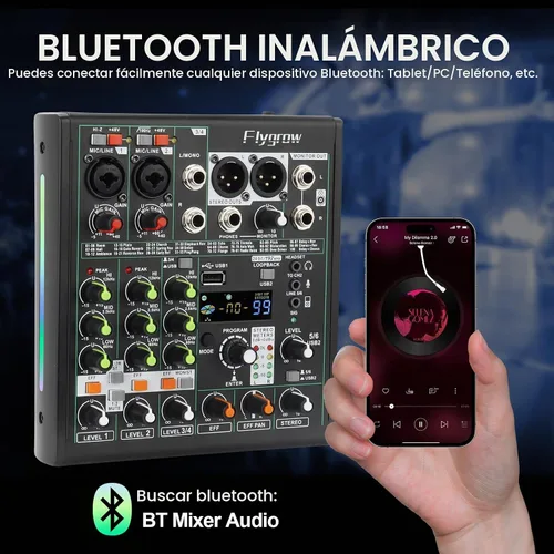 Vista 2 de Mezclador de audio de 6 canales, mezclador de DJ, luz de respiración RGB, 99 efectos DSP, interfaz de audio USB, Bluetooth fantasma de 48 V, alta