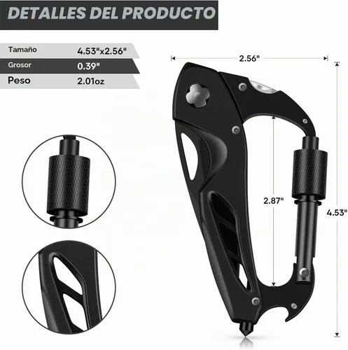 Vista 2 de Herramienta múltiple con mosquetón con cuchillo de bolsillo, equipo de supervivencia para camping y senderismo, llavero con mosquetones EDC