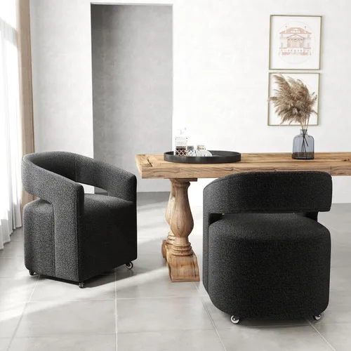 Vista 17 de DUOMAY Silla de comedor tapizada moderna con ruedas giratorias, juego de 1, silla auxiliar con respaldo de barril de lino, silla de tocador