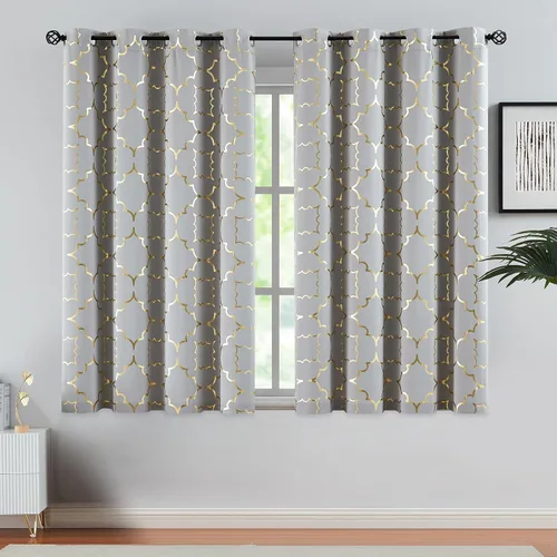 Vista 18 de Purainbow Cortinas opacas beige para dormitorio, sala de estar con paneles de impresión de lámina dorada, oscurecimiento de la habitación