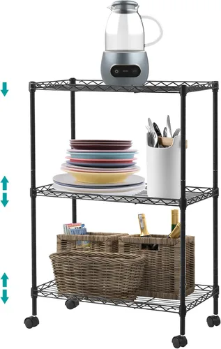 Vista 15 de Estante de alambre ajustable de 3 niveles, estantes de almacenamiento de metal de 3 niveles con patas niveladoras, unidad de estantería de alambre