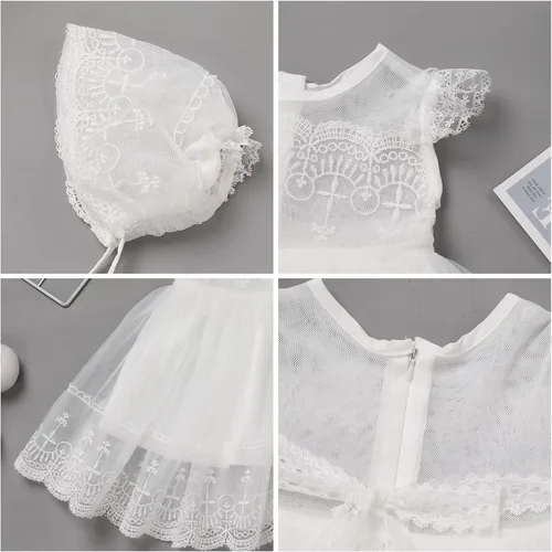 Vista 6 de Vestido de bautizo para niña recién nacida, con sombrero, encaje de flores, boda, primer cumpleaños, verano, bautizo, sesión de fotos