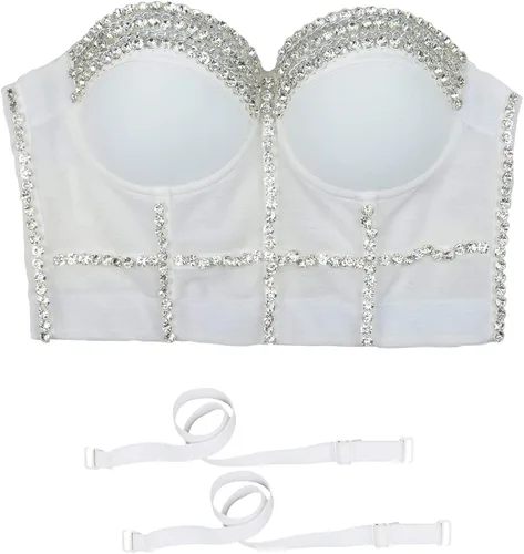 Vista 4 de ELLACCI Top corto de malla con cadena de diamantes blancos para mujer corsé push up con correa desmontable Blanco