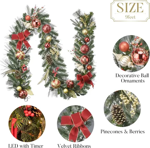 Vista 6 de Valery Madelyn Guirnalda de Navidad preiluminada de 9 pies con luces para manto, guirnalda de Navidad iluminada al aire libre con bolas de oro rojo