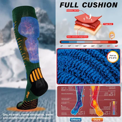 Vista 3 de Calcetines de esquí de lana merino para hombre y mujer, 2 pares para esquí, snowboard, térmicos hasta la rodilla, calcetines de rendimiento