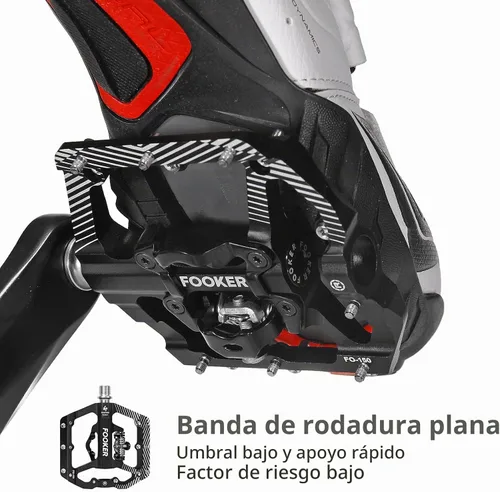 Vista 5 de FOOKER Pedales de bicicleta de montaña MTB, plataforma plana de 3 rodamientos, compatible con doble función sellada de aluminio sin clipless pedales