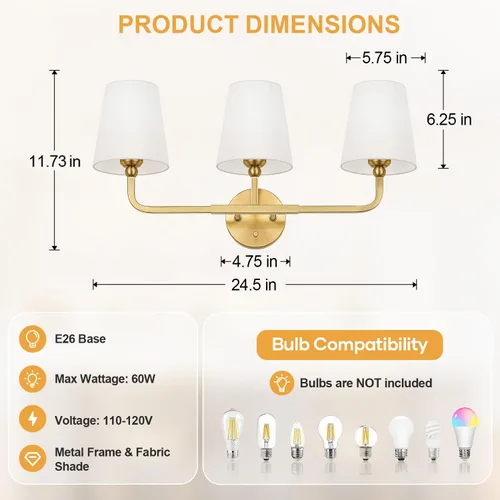 Vista 6 de MOKATNG Lámparas de baño, 3 luces doradas cepilladas, accesorios de iluminación de baño sobre espejo con pantalla de tela blanca acampanada