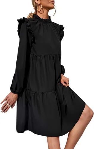 Vista 4 de SheIn Vestido tipo túnica para mujer, holgado, cuello alto, vestido por debajo de la rodilla, manga larga, dobladillo con volantes, vestido de cambio