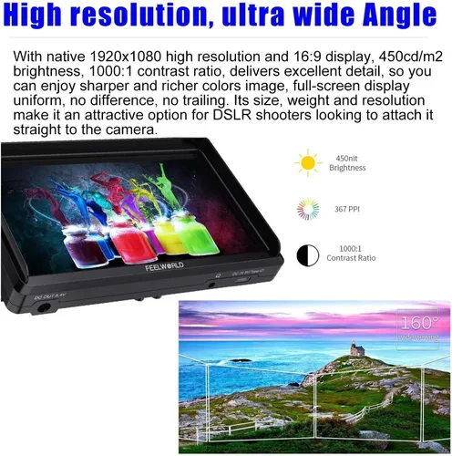 Vista 3 de FEELWORLD FW568 V3 Monitor de campo en cámara de 6 pulgadas, LUT 3D, para cámara DSLR, 1920x1080, entrada y salida HDMI, Full HD, brazo inclinable