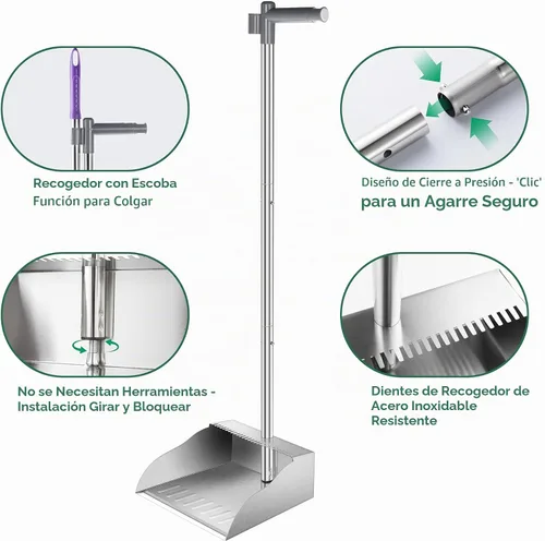 Vista 3 de Recogedores de polvo con mango largo, recogedor de metal resistente con asa, recogedor vertical con dientes para limpiar el cabello para el hogar