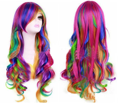 Vista 3 de KOLIGHT Pelucas largas rizadas de color arco iris para niñas disfraz de fiesta de cosplay peluca de pelo sin gorra peine