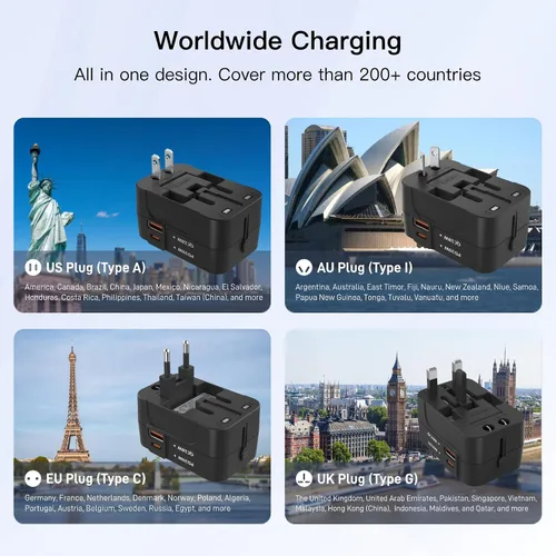 Vista 3 de HAPOW Adaptador de viaje universal - 1 cargador de viaje USB-C y 1 USB-A de carga rápida, adaptador de enchufe mundial para UE, Reino Unido, EE.