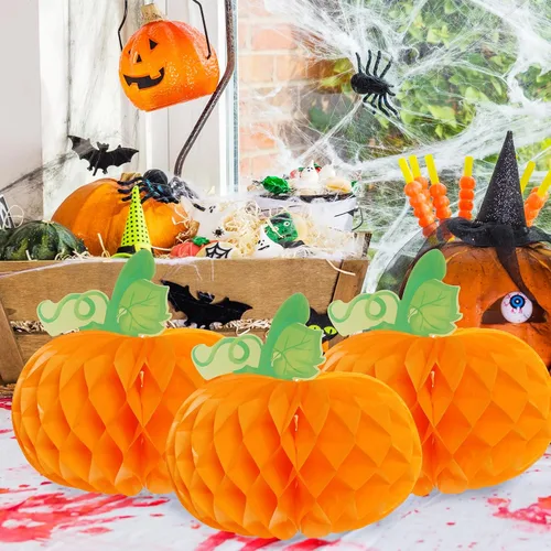 Vista 7 de Sucrain 12 calabazas de panal 3D de calabaza de papel de seda para Halloween, fiesta de Acción de Gracias, suministros de festival de otoño (naranja)