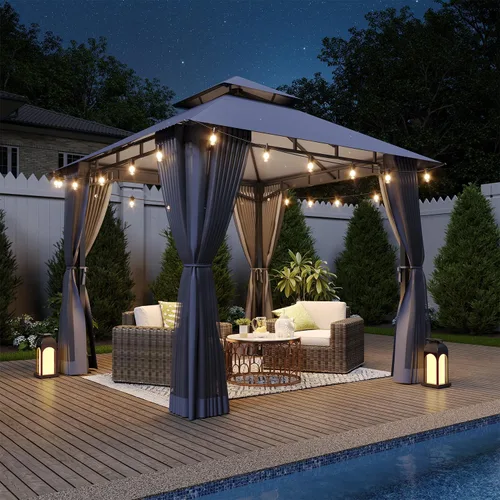 Vista 14 de Aoxun Gazebo de 8 x 8 con doble techo y mosquitera, tienda de campaña para exteriores de alta resistencia, tienda de campaña para patio