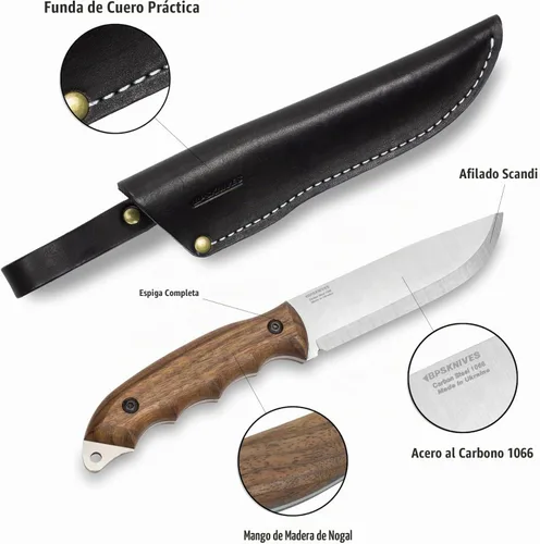 Vista 2 de BPSKNIVES HK5 CSH - Cuchillo para zurdos - Cuchillo de camping de espiga completa con funda de cuero - Cuchillos tácticos de supervivencia