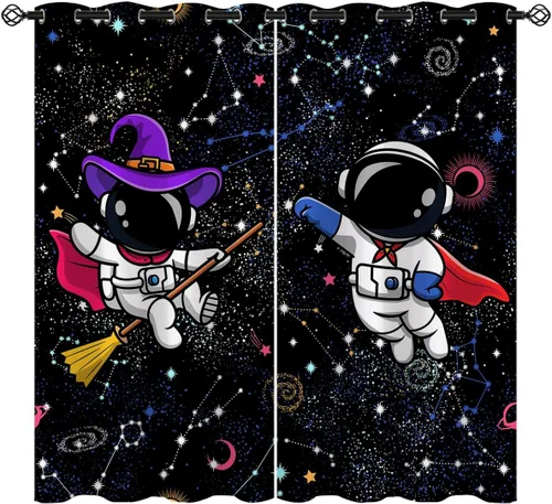 Vista 14 de Cortinas opacas con diseño de cohetes de dibujos animados para niñas y niños, decoración del hogar, aventura en el espacio, galaxia, planetas, azul