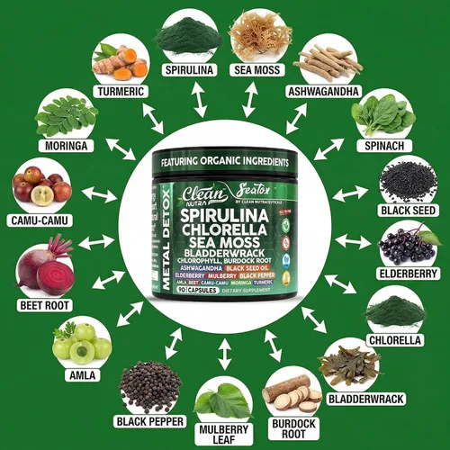 Vista 4 de Sea Tox Cápsulas de Espirulina y Clorella Orgánicas Limpieza Natural y Nutrición Musgo Marino Fucus Clorofila Raíz de Bardana Ashwagandha Cúrcuma 90